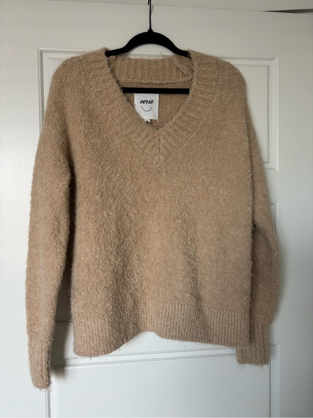 aerie Tan V-Neck Fuzzy Knit Sweater